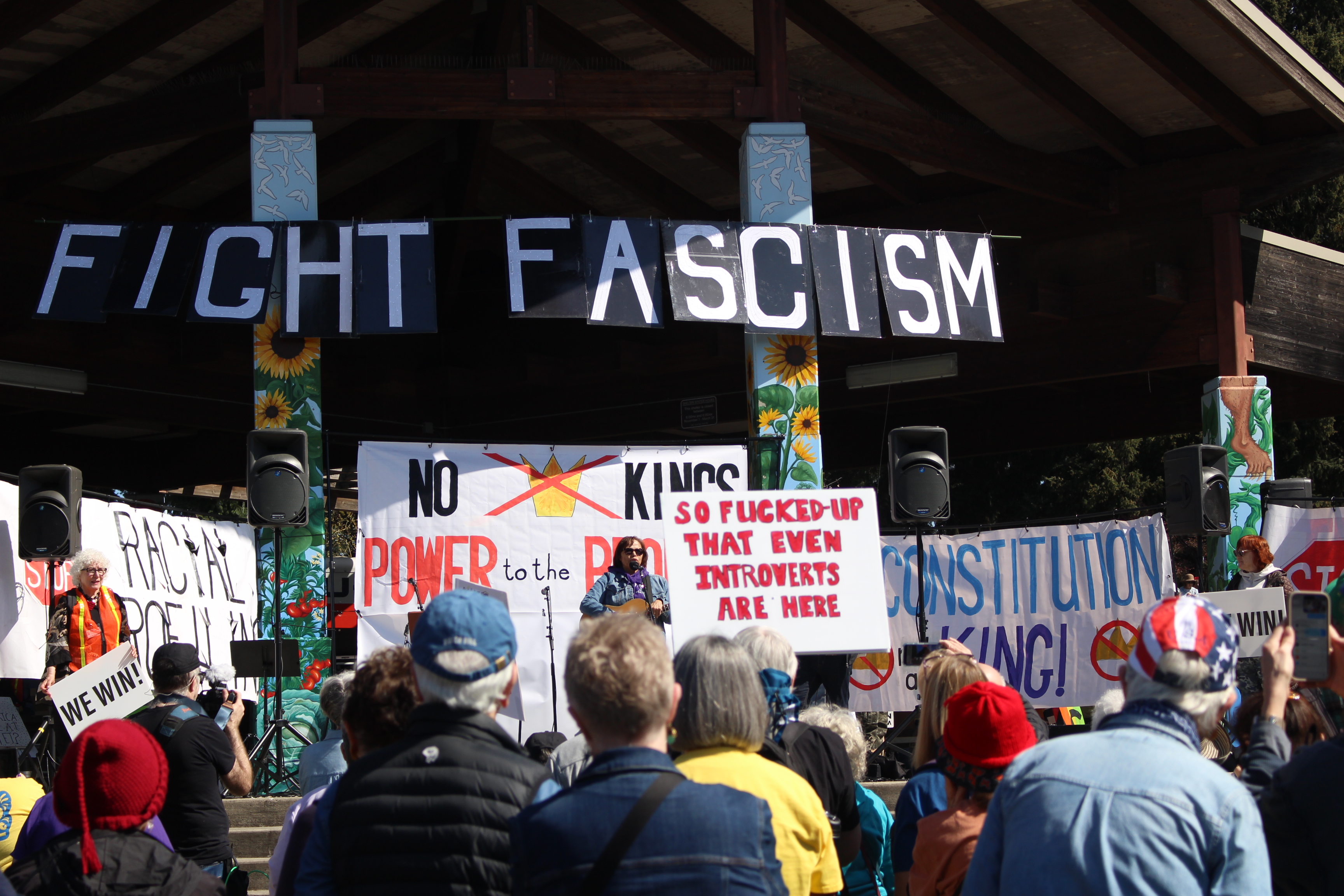 The ‘Stage’ Which where a set of speakers and performers stood from 12-1. The sign ‘Fight Facism’ stands above them (Will Legg / VanCougar)
