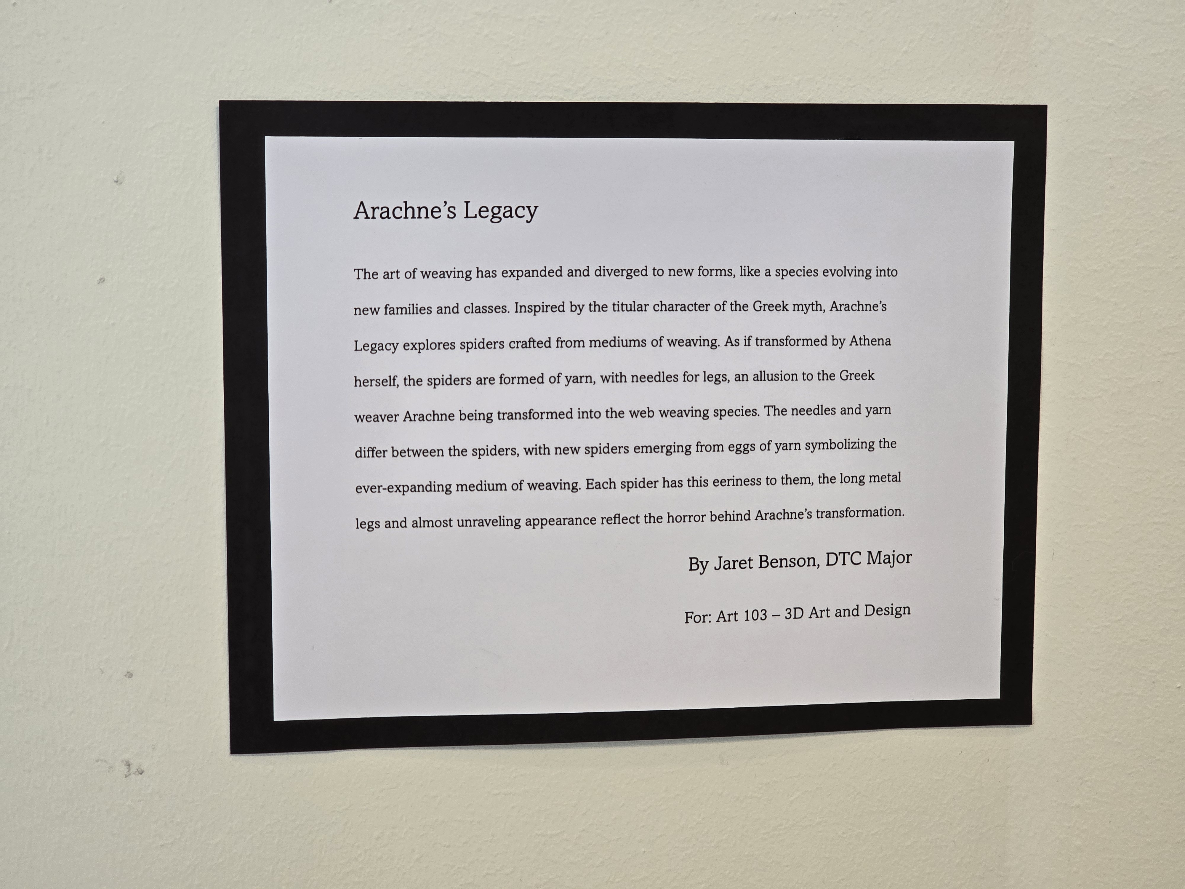 A descriptive plaque of the installation in the Multimedia Classroom Building. (Photo courtesy of Jaret Benson)