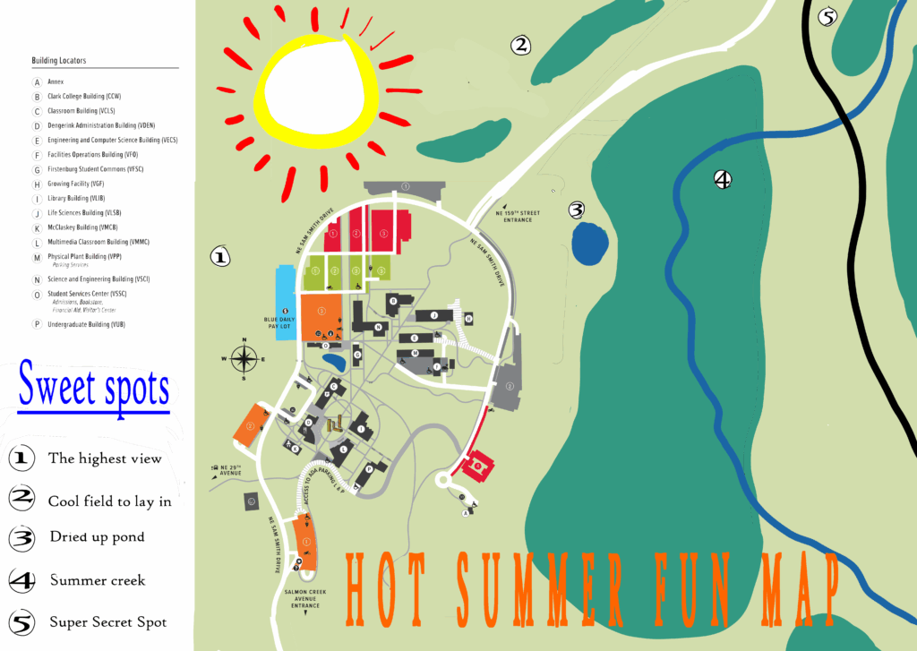 Map of WSU Vancouver with locations of the "summer spots" marked. (Chris Turk/The VanCougar)
