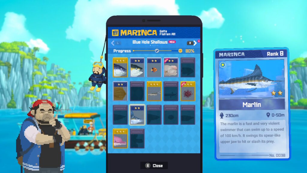 A screenshot from video game Dave the Diver, of a side quest in which the player receives a card for every fish they collect. (In-game screenshot of Dave the Diver)