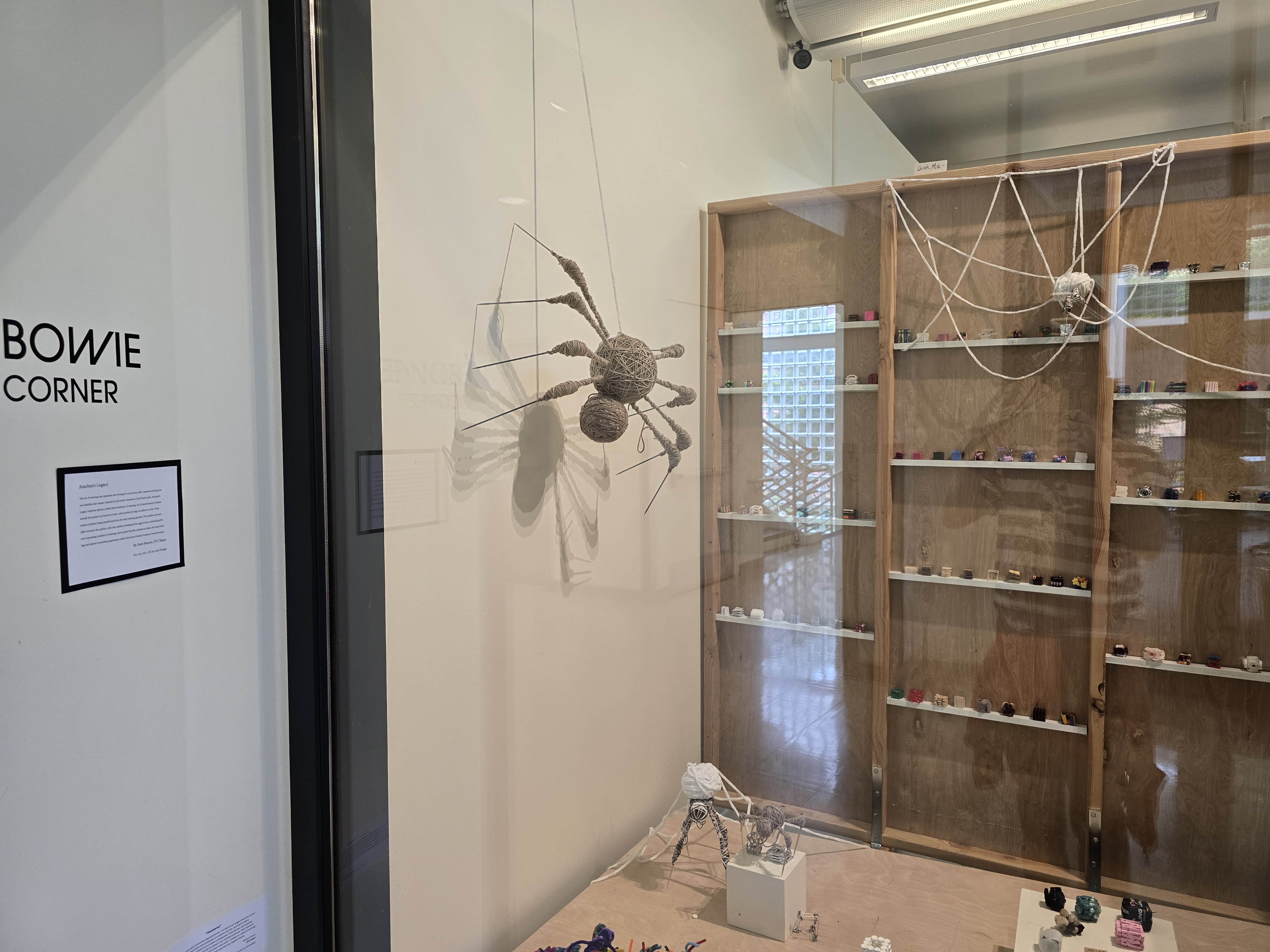 A shot of the spiders and other artworks on display in the Multimedia Classroom Building. (Photo courtesy of Jaret Benson)
