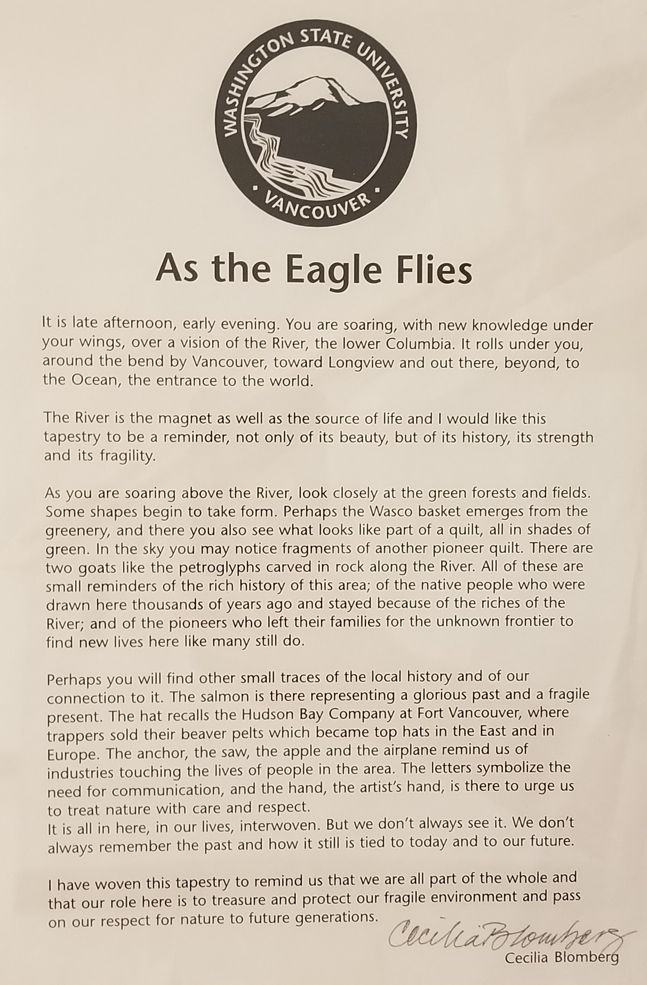A statement from Cecilia Blomberg on their art piece 'As the Eagle Flies' in the library building at WSU Vancouver. (Pip Swinger/The VanCougar)