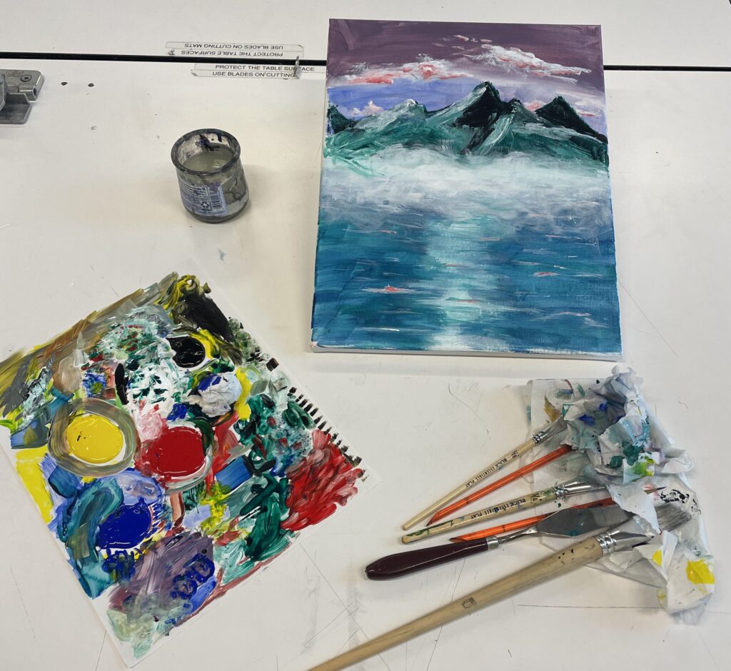Participants of the workshop were provided with supplies to follow along with a Bob Ross painting tutorial. (Jonah Barnett/The VanCougar)