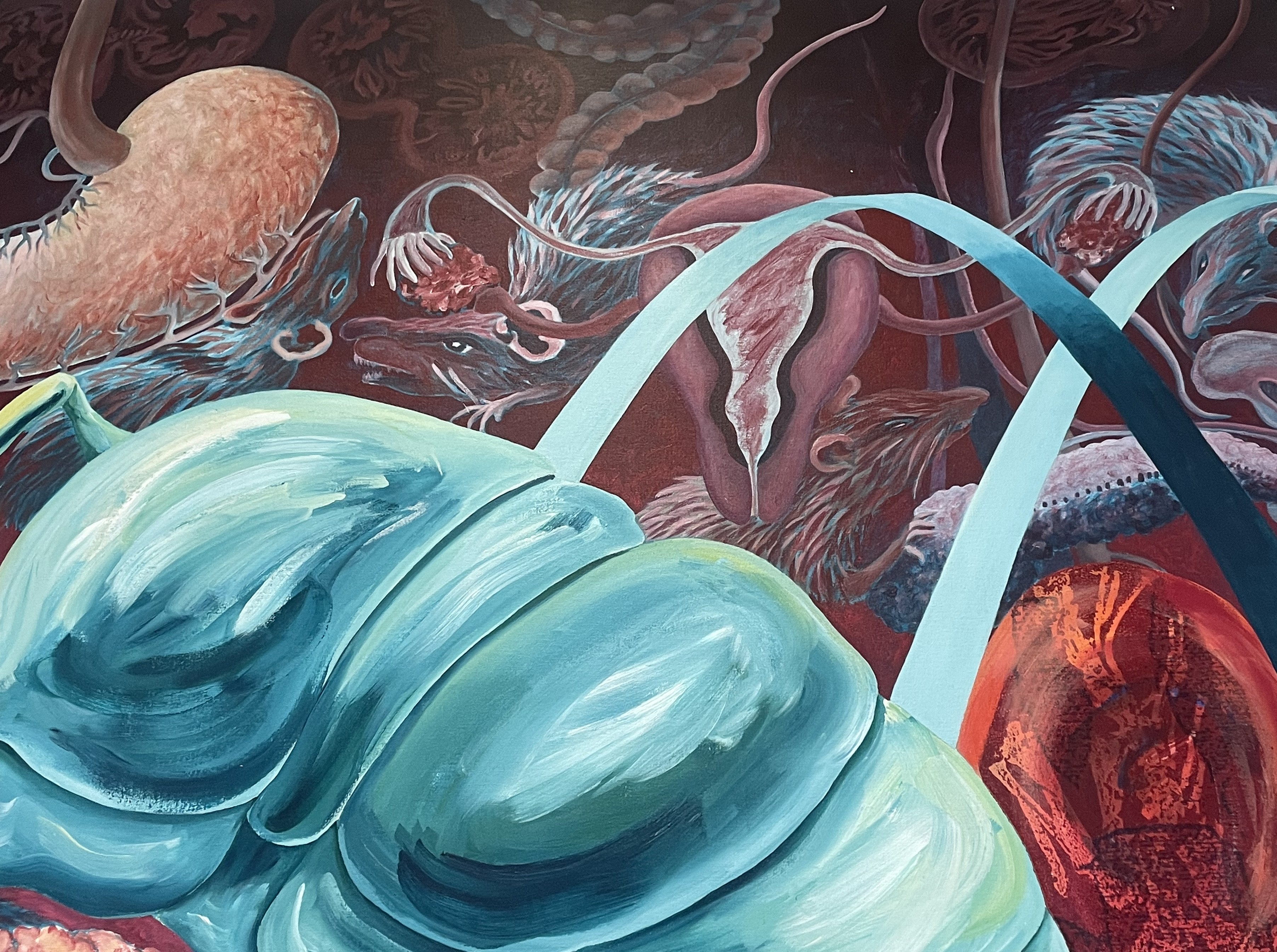 Rats hover around a suspended uterus in The Inheritors by Jo Hockenhull, located in the Life Sciences Building. (Jonah Barnett/The VanCougar)