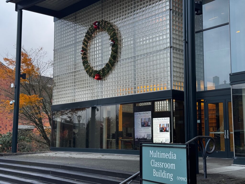 An image showing the Christmas Wreath, placed on the Multimedia Classroom building.