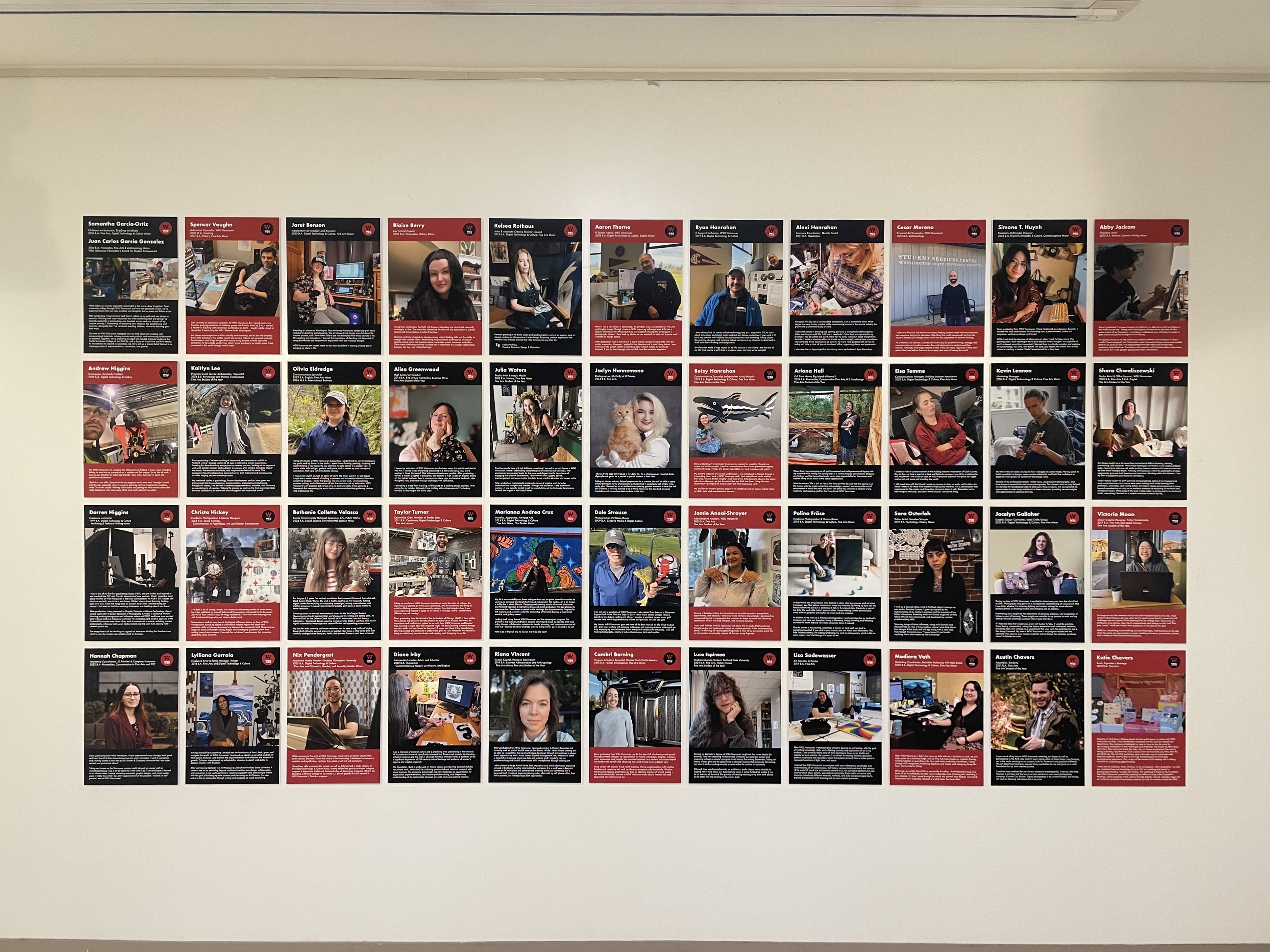 Photo shows a wall in the gallery showing the names and faces of various art student alumni, as well as some details on where they are now and how the art department impacted them. Photo taken by Jonah Barnett.